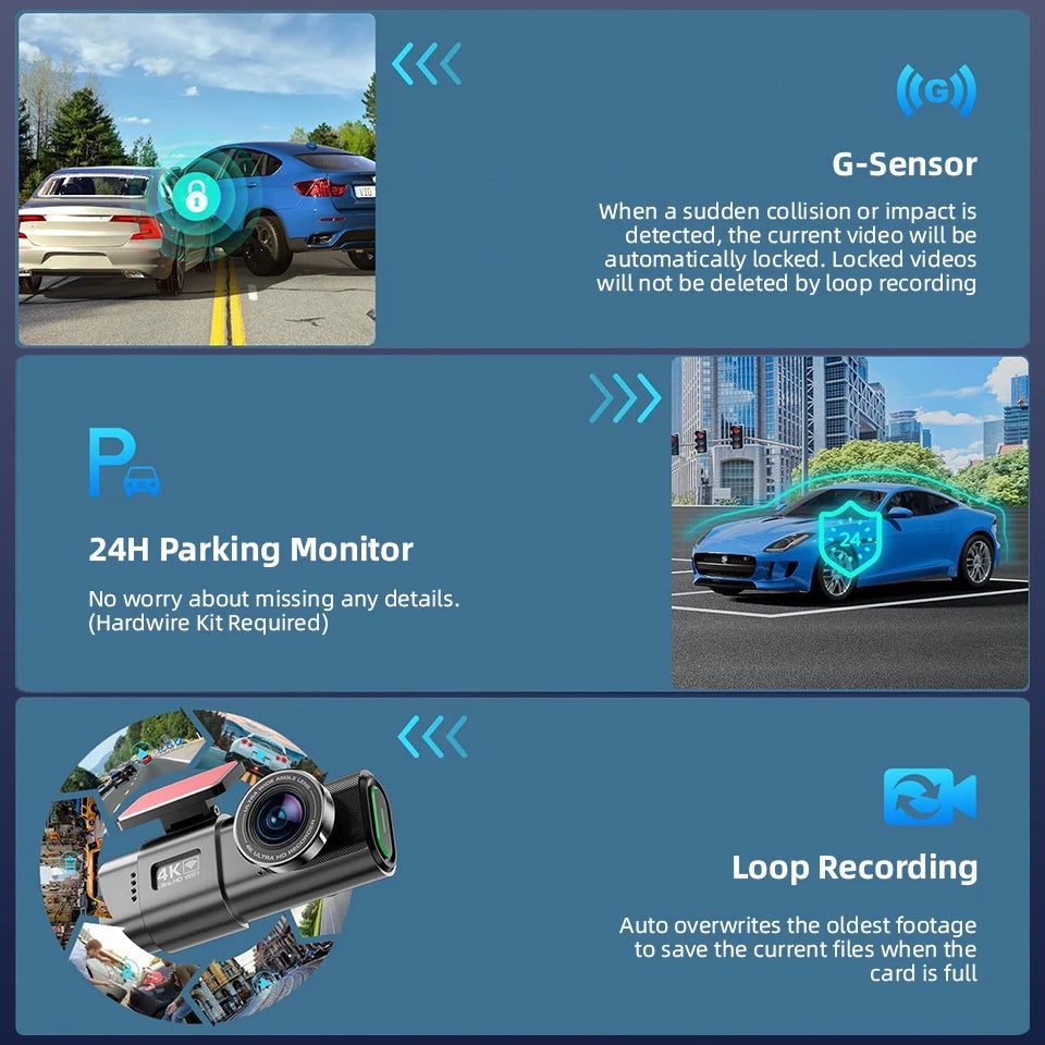 4K Dash Cam Built-in WiFi APP Control HD Night Vision Car Video Recorder Loop Recording G-sensor Car DVR Optional Rear Camera Car Mobile World