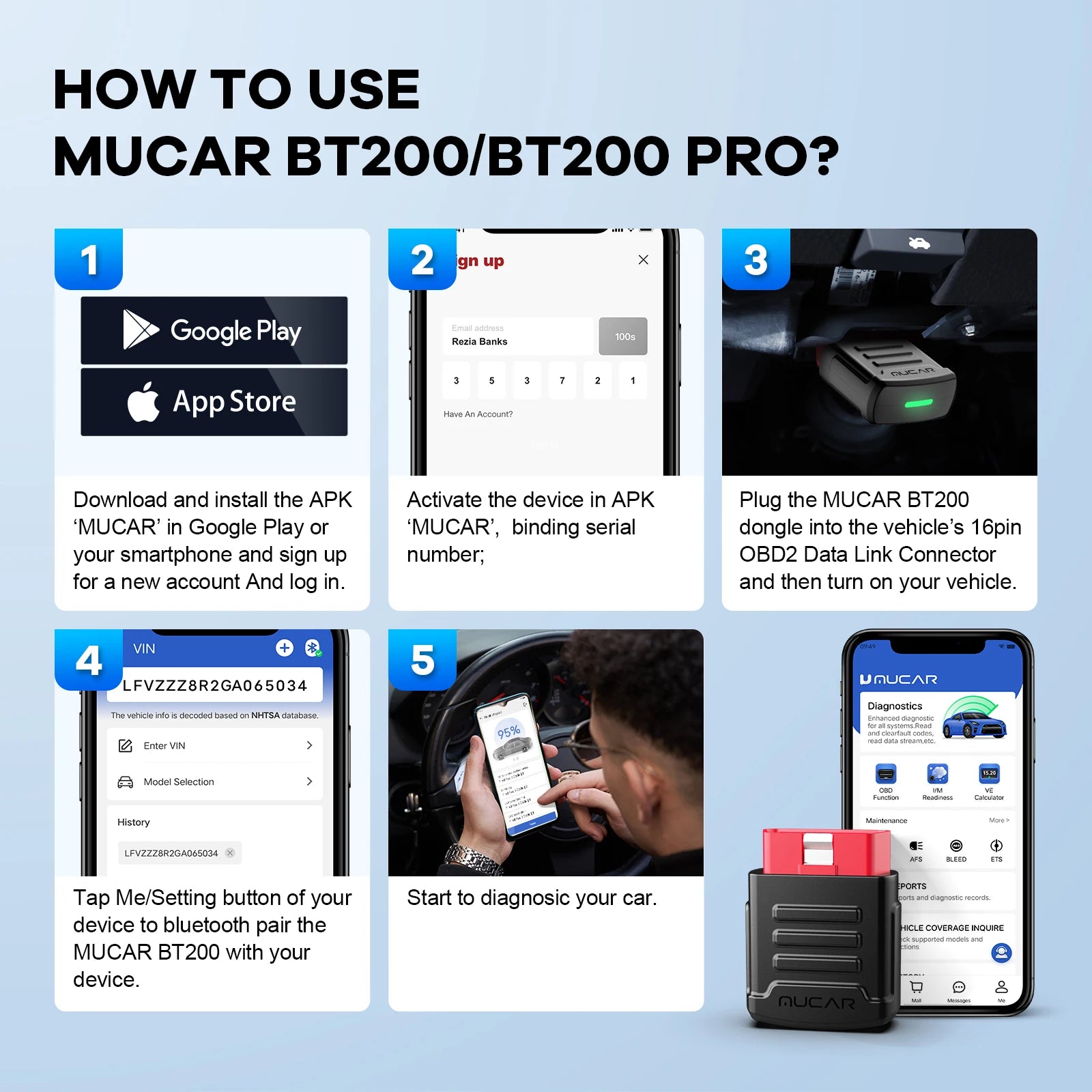 MUCAR BT200 / BT200 Pro OBD2 Scanner Auto Full System Diagnostic Lifetime Free Oil SAS Reset Free 1 Year Car Diagnosis Tools CM World