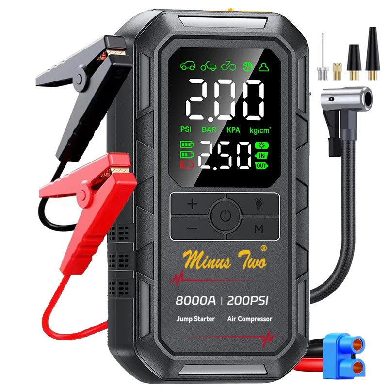 200PSI 4000A Car Jump Starter with Air Compressor Auto Tire Inflator, Large LCD Display, LED Light, for Cars, Bike & Motorcycle