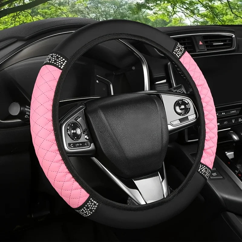 1PC Car steering wheel cover PU leather handle cover, no inner ring, fashionable diamond inlaid handle cover CM World