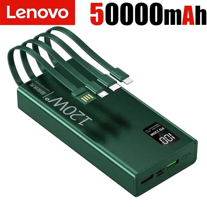 Lenovo 120W 50000mAh High Capacity Power Bank 4 in 1 Cables Super Fast Charging Power Bank Portable Charger For iPhone Samsung Car Mobile World