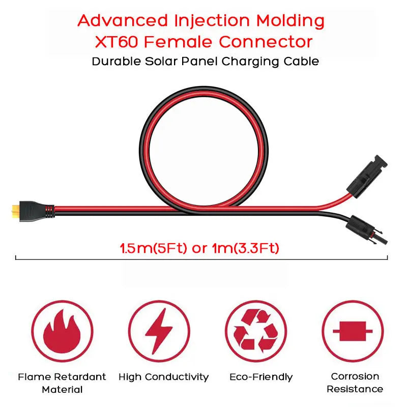 1.5m/5Ft XT60 Female to Solar Cable for Anker SOLIX F1200/F1500/F2000/F2600/F3800/C800 Plus/C1000 Portable Power Stations.