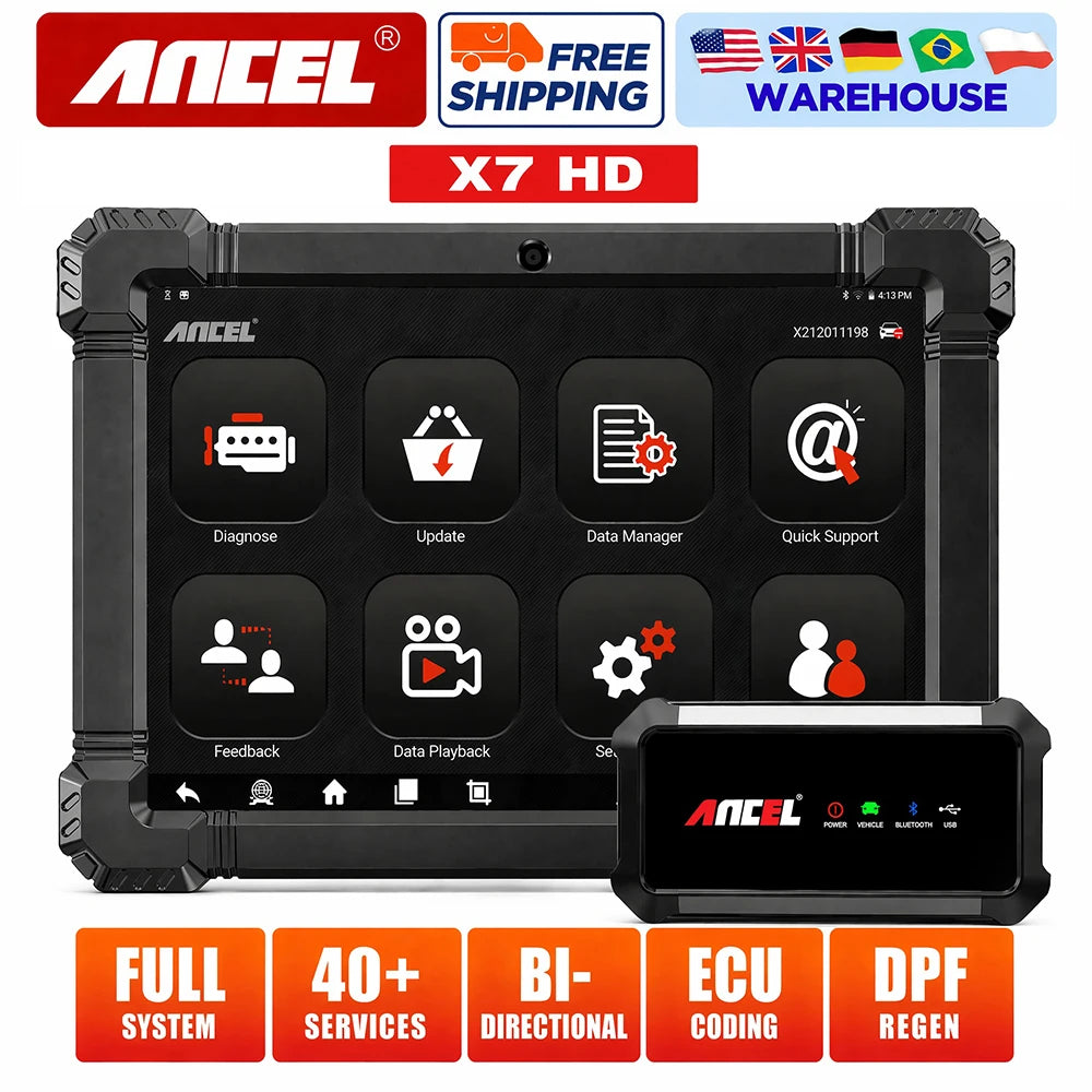 ANCEL X7 HD 12V 24V Heavy Duty Truck Scanner Bidirectional Diesel Scan Tool All System 40+ Reset ECU Coding OBD Trucks Diagnosis