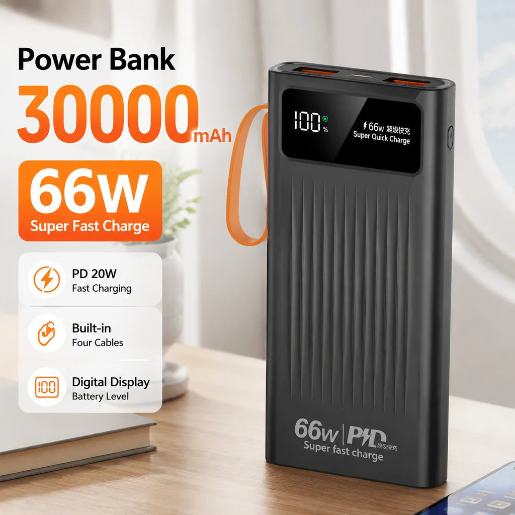 66W Fast Charging Power Bank 10000/20000/30000mAh Portable Charger Built-in Cable External Battery for Smartphone