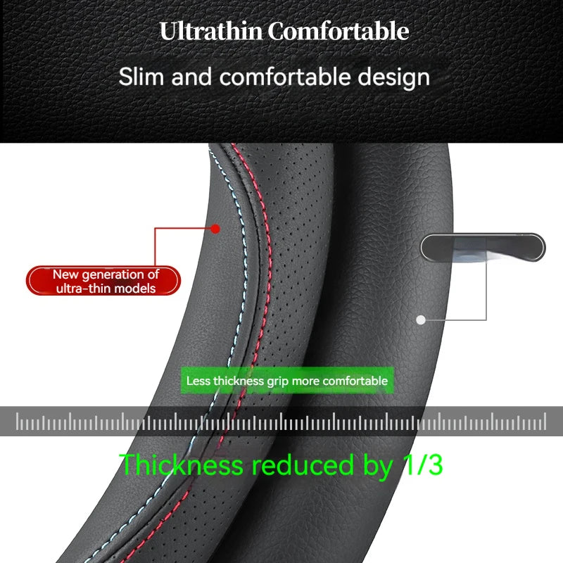 Full Leather Cover for All Seasons Auto Steering Wheel Cover Ultra-Thin Non-Slip Round Breathable Car Steering Wheel Protector CM World