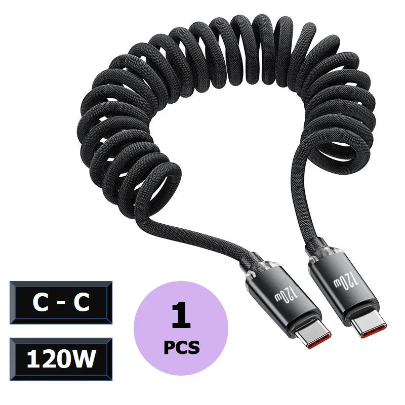 120W Car Spring Data Cable Retractable USB C To Type C Fast Charging Cable for iphone 15 16 Samsung Xiaomi USB Type C Cable