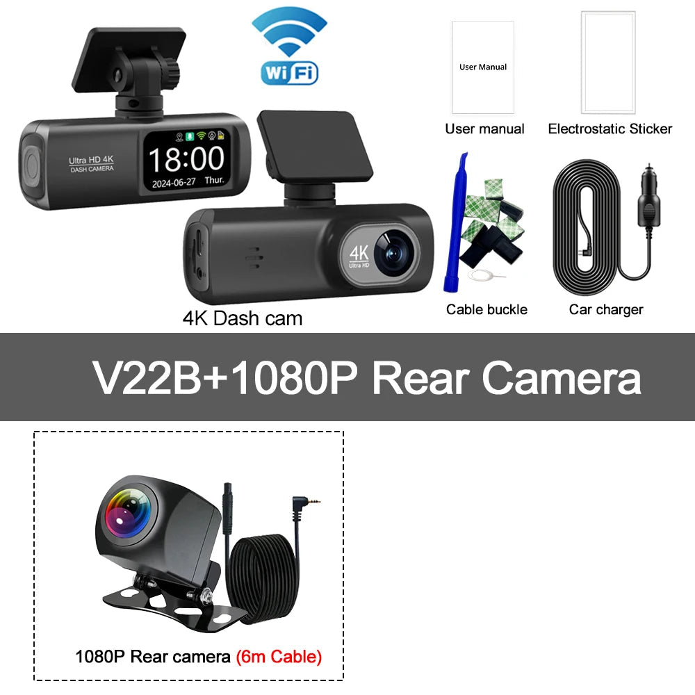 UHD 4K WiFi Dash Cam Dual Lens Driving Recorder Car DVR Optional 1080P Rear Lens Camera GPS 24H Parking Monitoring Black Box Car Mobile World