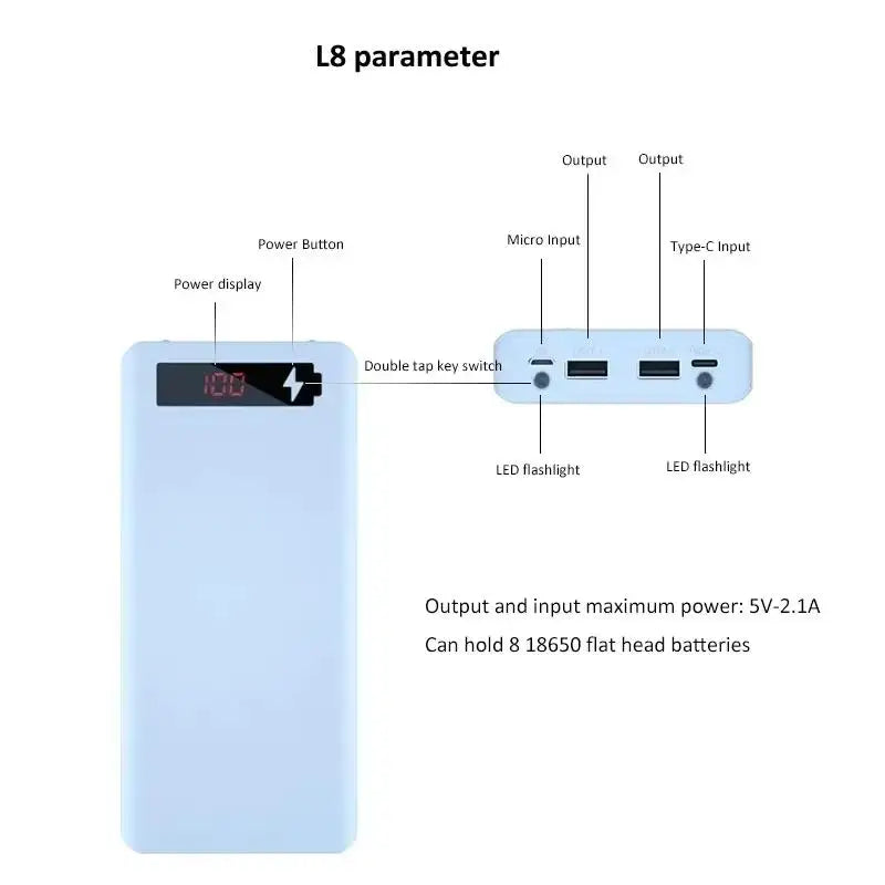Portable 8 Slot 18650 Battery Power Bank Case DIY Digital Display 5V 21A Fast Charging Box For Outdoor Emergency Use