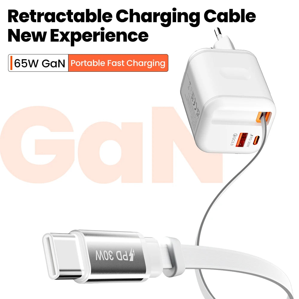65W Fast Charger With Retractable USB C Cable 2 Ports USB Type C Charger PD Quick Charge 3.0 Phone Chargers For iphone Android Car Mobile World