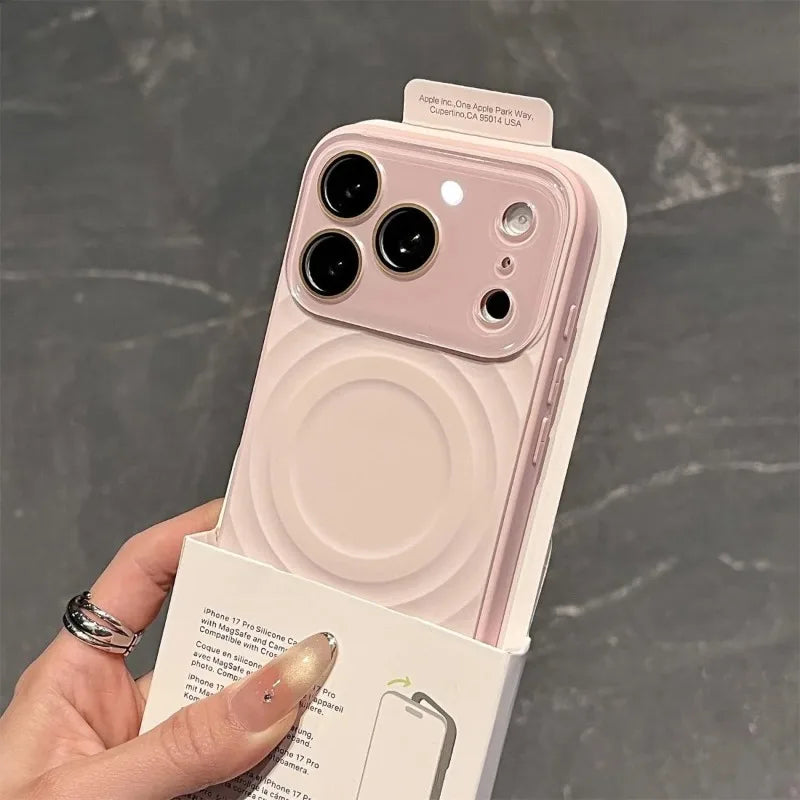 Fashion Liquid Silicone Water Ripple Pattern Big Window Phone Case For iPhone 17 16 15 Pro Max For Magsafe Magnetic Charge Cover Car Mobile World