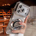 Plating transparent diamond glitter magnetic phone case for iPhone 17 16 13 14 15 Pro Max lens protection bracket back cover