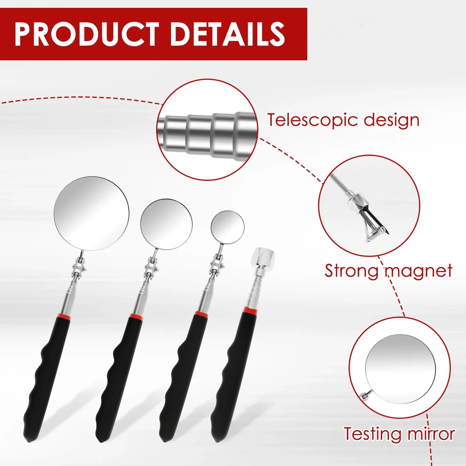 360° Inspection Mirror LED Light Telescoping Mirrors Extend Mechanic Tools Inspection Mirror Telescopic Handle Repairing Tools CM World