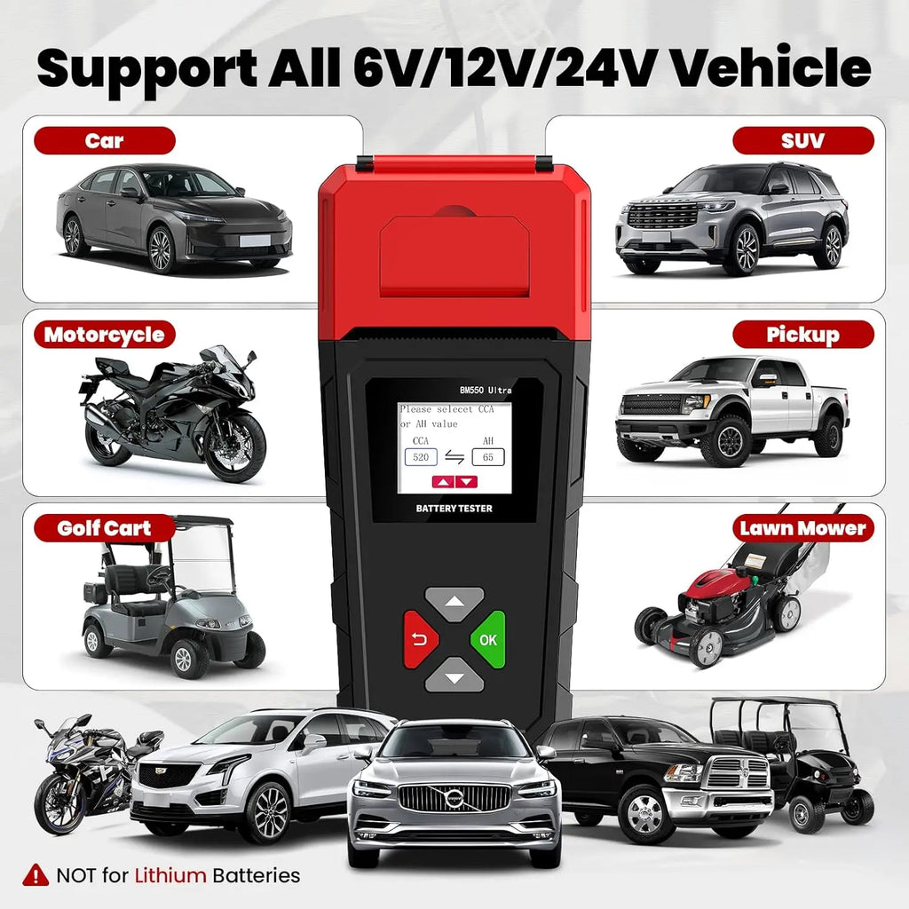 Car Battery Tester BM550U 6V/12V/24V 100-2000CCA 1.8" HD Screen Automotive Digital Battery Voltage Tester with Built-in Printer