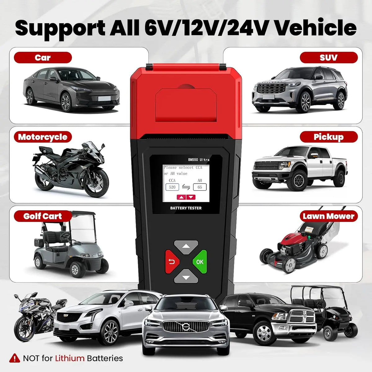 Car Battery Tester BM550U 6V/12V/24V 100-2000CCA 1.8" HD Screen Automotive Digital Battery Voltage Tester with Built-in Printer