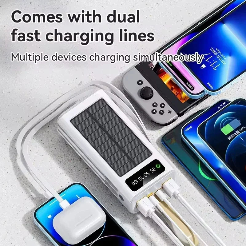 Lenovo 100000mAh Solar Power Bank High-capacity Built-in Cables External Battery LED Light Power Bank for  iPhone Samsung 2026 Car Mobile World