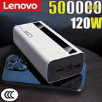 Lenovo 500000mAh 120W Super Fast Charging Power Bank High Capacity External Battery Portable Battery Charger For iPhone Samsung Car Mobile World