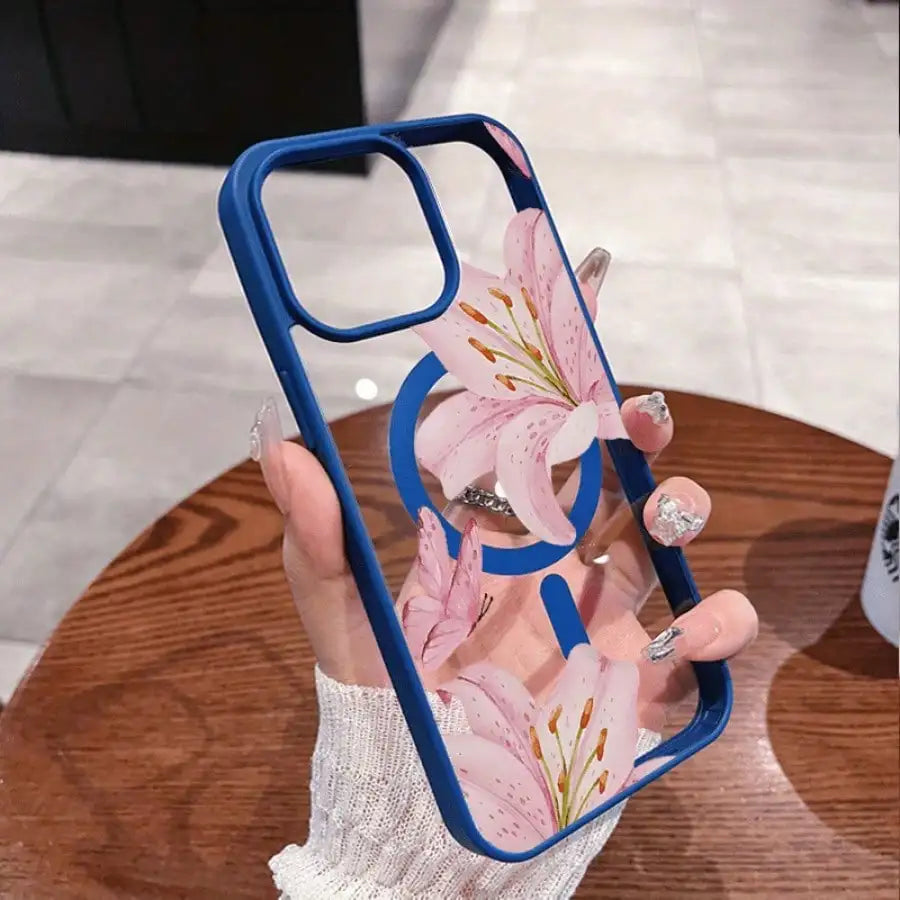 Pink Lily Magnetic Phone Case For iPhone 17 16 15 14 13 12 11Pro Max Plus It features a stylish pattern design