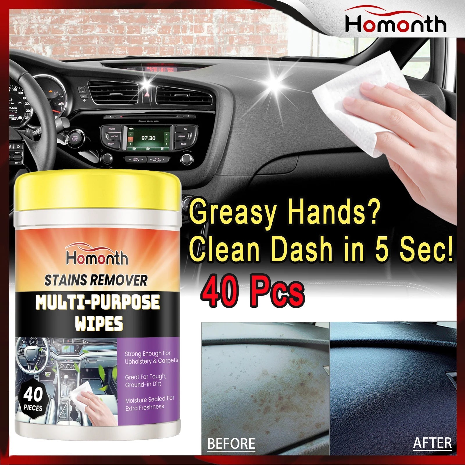 40PCS Car Interior Cleaning Wipes Multipurpose Wipes for Dashboard Leather Seats Screen Quick Cleaner Degreaser for Stains Dust CM World