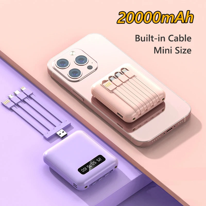 20000mAh Power Bank With Cable LED Digital Portable External Battery Pack for iPhone 16 15 Samsung Xiaomi Huawei Mini Powerbank