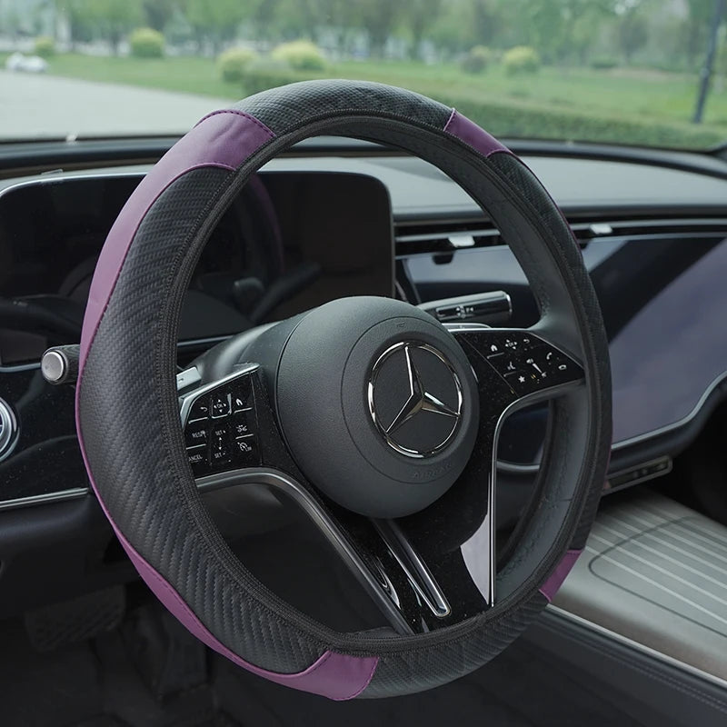Carbon fiber pattern PU leather steering wheel cover with no inner ring design, full elasticity, anti slip and wear-resistant, m CM World