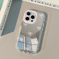 INS Korean Simple Blue Pink Bow Girl Mirror Cute Phone Case For iPhone 17 Air 16 15 Pro Max 14 13 12 11 XR X 7 8 Plus Y2K Cover