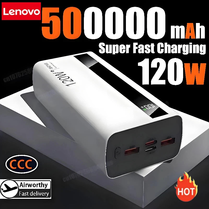 Lenovo 50000mAh Powerbank 120W Super Fast Charging Portable Battery Charger Ultra Capacity LED Digital Display For iPhone Car Mobile World