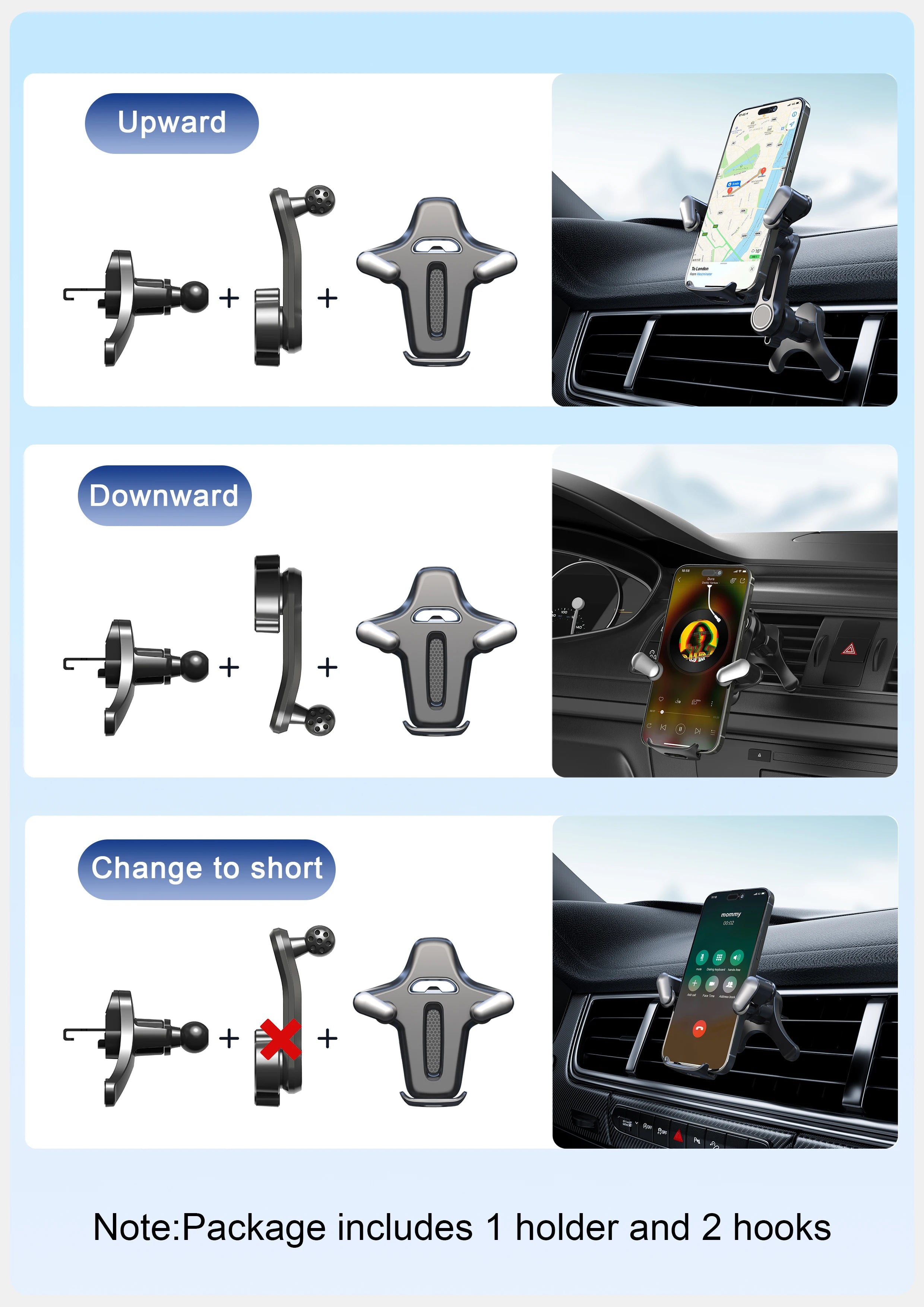 Car Vent Phone Mount, [Never Blocking Vent, Enjoy The Comfort of The A/C] Hands-Free Universal Extension Clip Air Phone Holder CM World