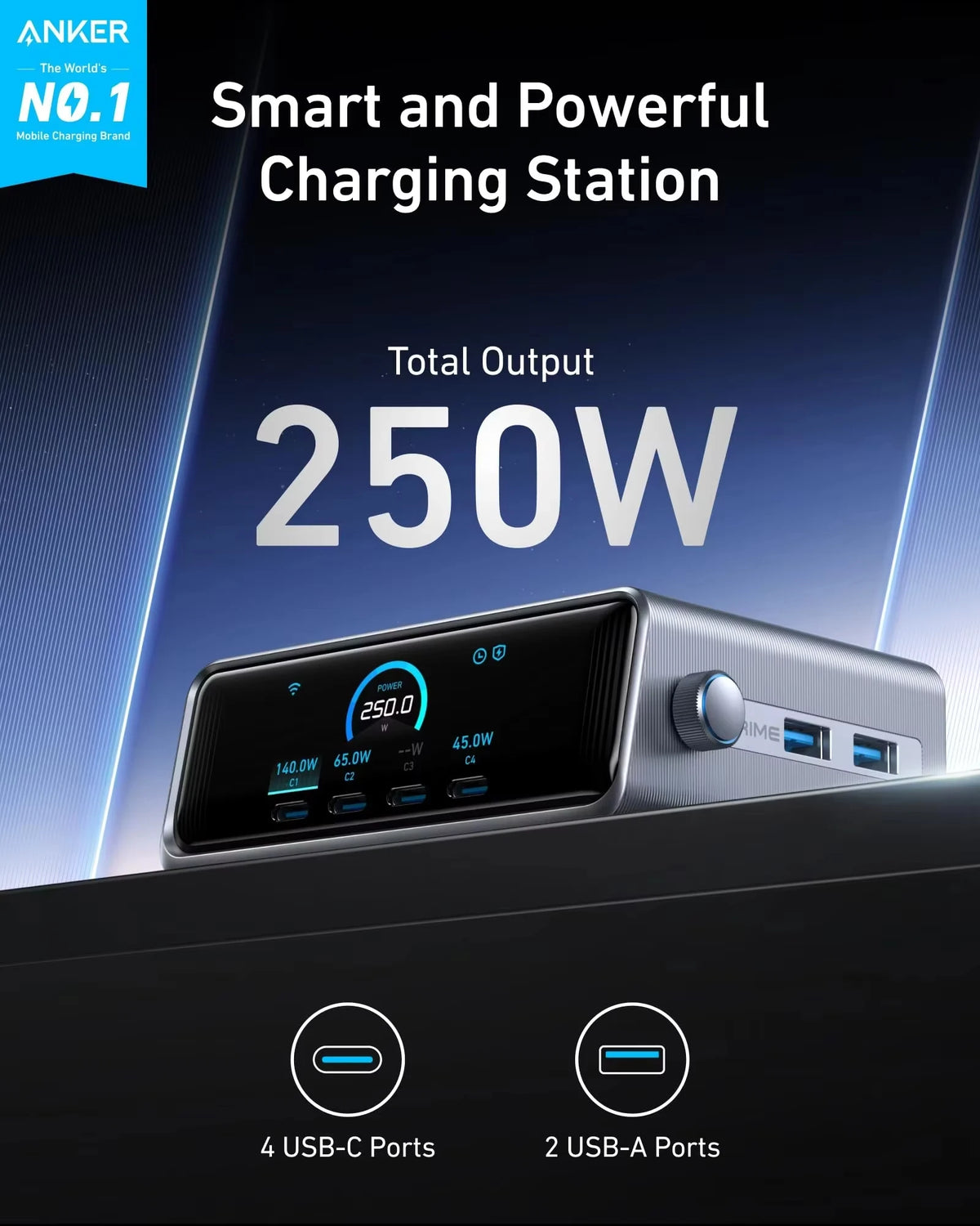Anker Prime Charger, 250W / 200W GaN Prime USB C Charging Station, Ultra-Fast 6-Port, 2.26" LCD Display And Smart Control Dial