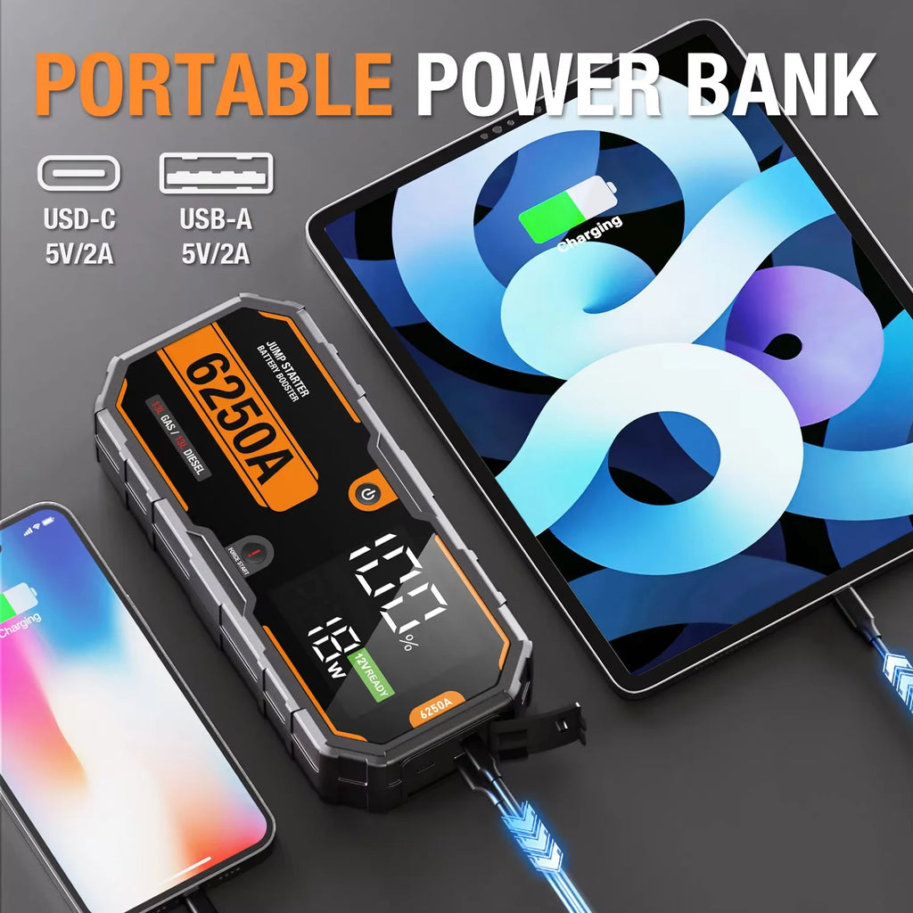 Car 6250A Portable 12V  Jump Starter Power Bank 12V Auto Battery Charger Booster Starting Device For 10.0L GAS/6.5L DIESEL CM World