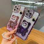 Colorful bead bear stand shiny cardstock electroplated soft case suitable for iPhone17 16 14 15 13 12 11 phone cases bead chain