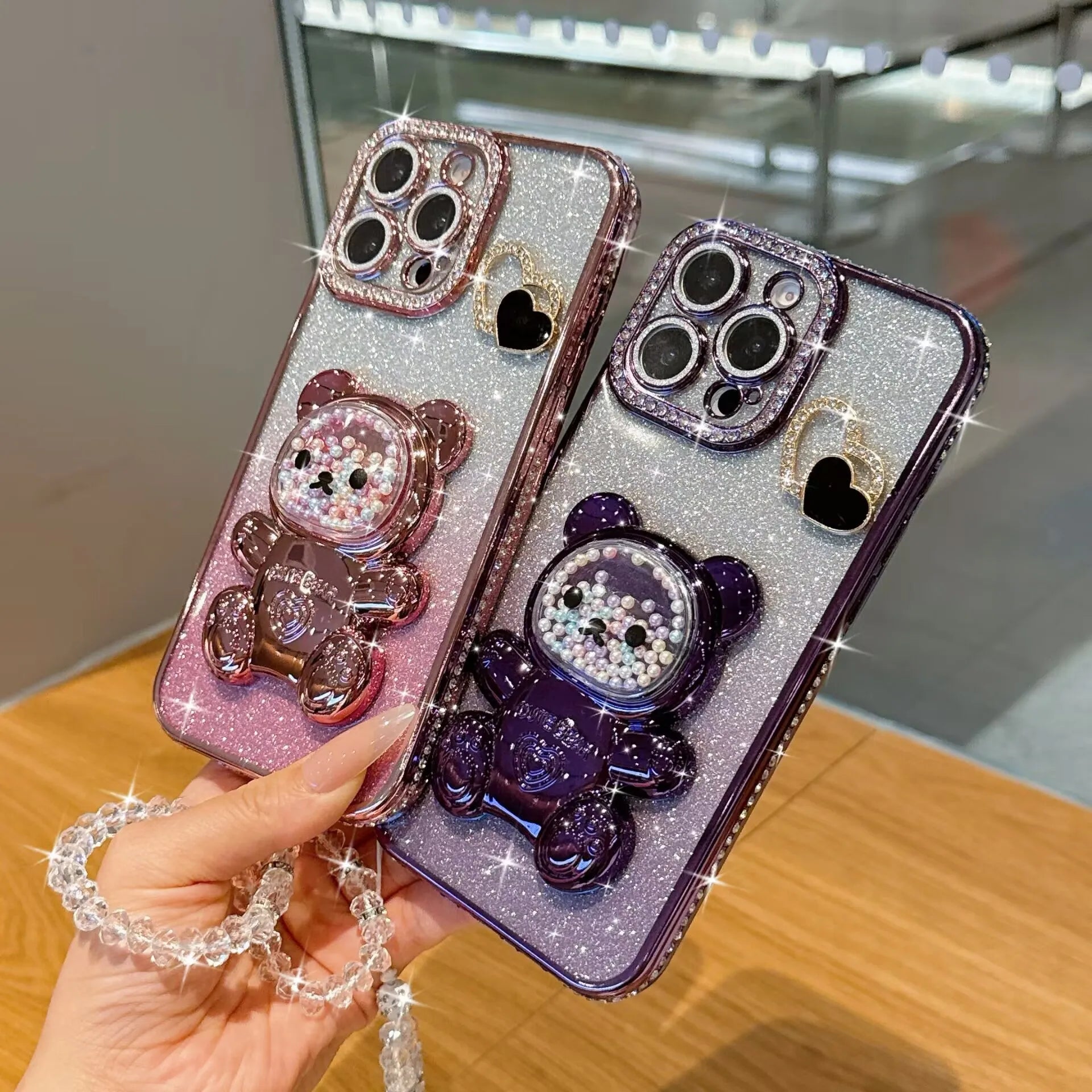 Colorful bead bear stand shiny cardstock electroplated soft case suitable for iPhone17 16 14 15 13 12 11 phone cases bead chain