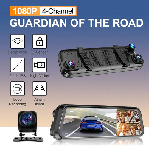 4-Channel Rearview Mirror Dash Camera 360° Recording Car DVR Interior WiFi App 1080P Night Vision 24H Parking Monitor Car Mobile World