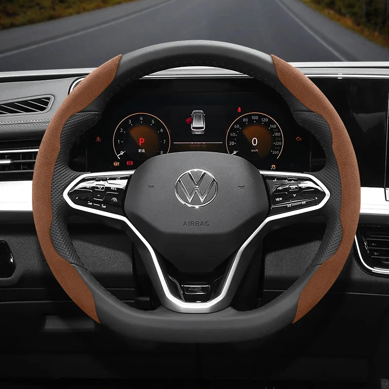Suitable for Volkswagen Anti-Slip Buckle Segmented Suede Steering Wheel Cover Suitable for Polo Golf 5 6 7 Gol Cc Passat B6 B8 Jetta Scirocco T4 Crafter Taigo up Santana Nivus Tcros G3 Caddy Tiguan CM World