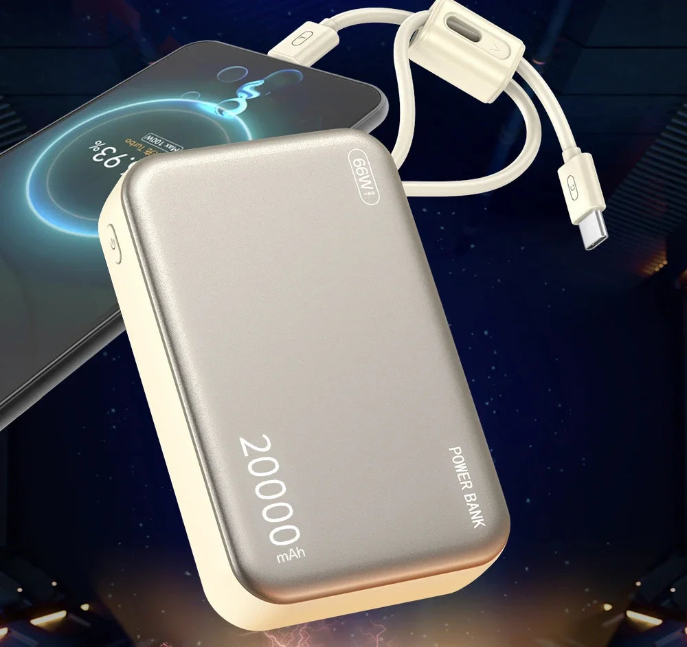 Hot 20000mAh Power Bank 66W Fast Charging Built in Cables Powerbank for IPhone Xiaomi Huawei Samsung External Spare Battery