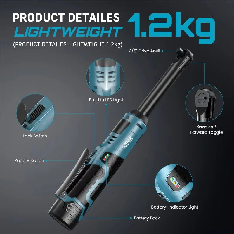 3/8" Cordless Electric Wrench 55Nm 6'' Extended Ratchet Wrench 12V Rechargeable Angle Wrench Car Repair Tools