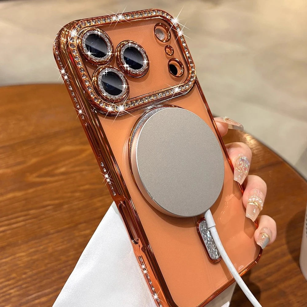 Plating Glitter Rhinestone Diamond Magnetic Phone Case For iPhone 17 Pro Max Air 17Pro For Magsafe Wireless Charging Clear Cover