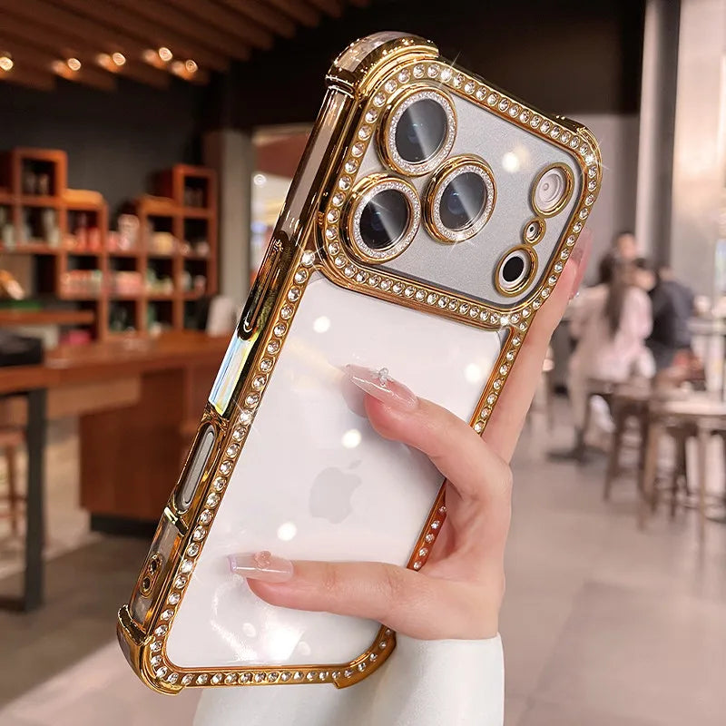 Luxury Bling Diamond Bumper Camera Protection Case For iPhone 17 16 15 14 13 Pro Max Airbag Anti-knock Transparent Soft Cover