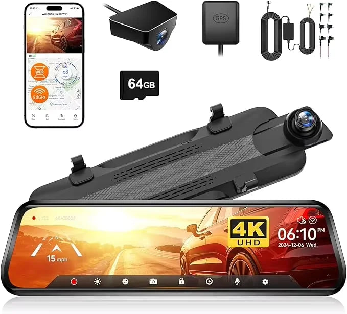 WOLFBOX G930 10 Inch Wifi Dash Camera 4K Car DVR FOV 140 Mirror Camera Dash Cam Car 24H Parking View Touch Screen Video Recorder Car Mobile World