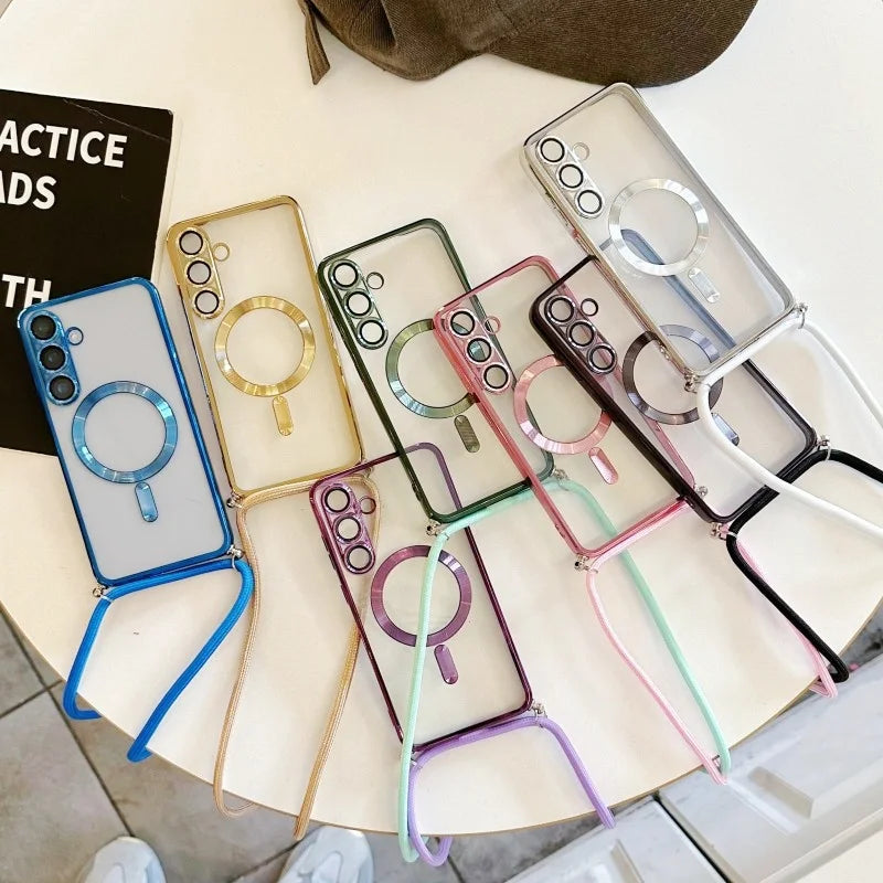 Magnetic Case For Samsung Galaxy S26 Ultra S25，S24,S23,S22 FE  Plus Wireless Clear Plating Strap Crossbody Lanyard Soft Cover