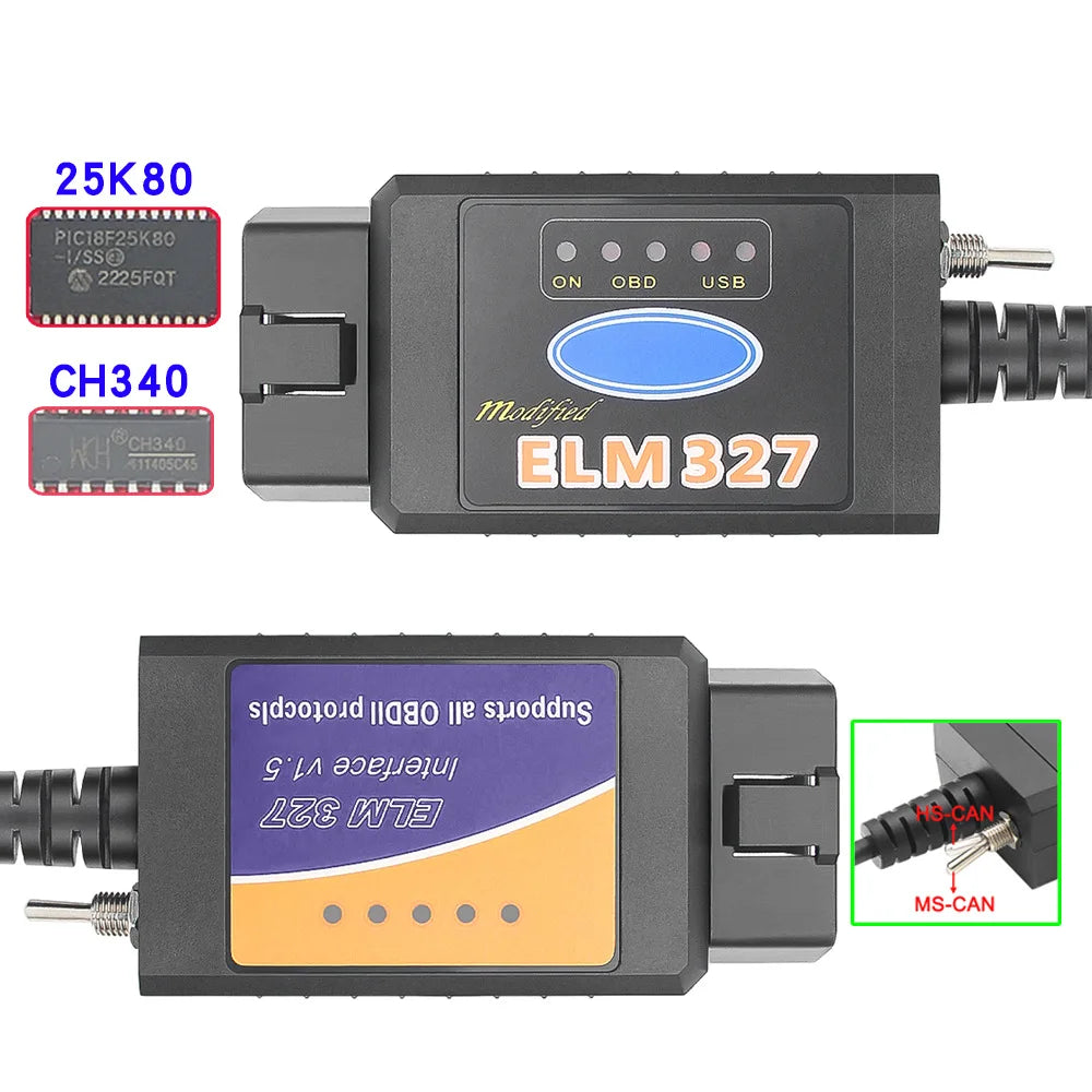 OBD2 ELM327 V1.5 USB Switch OBD Scanner for Focus ELM327 V1.5 PIC18F25K80 Modified Open Hidden for Ford Forscan HS-CAN/MS-CAN Car Mobile World