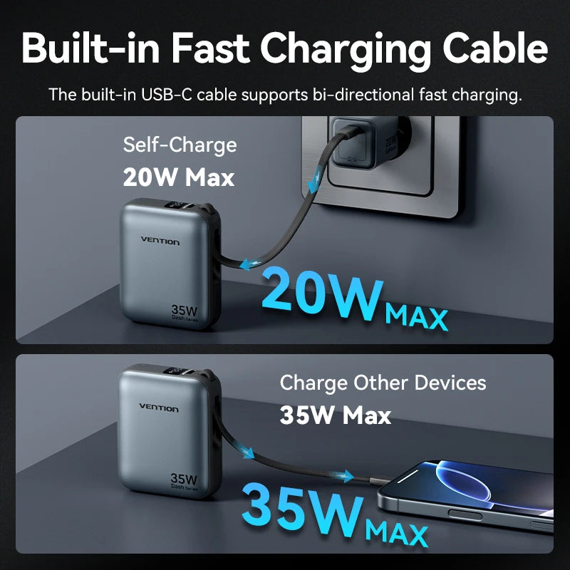 Vention 10000mAh Power Bank Fast Charging PD 35W Portable Mini PowerBank for iPhone 17 16 15 Xiaomi External Battery Charger Car Mobile World