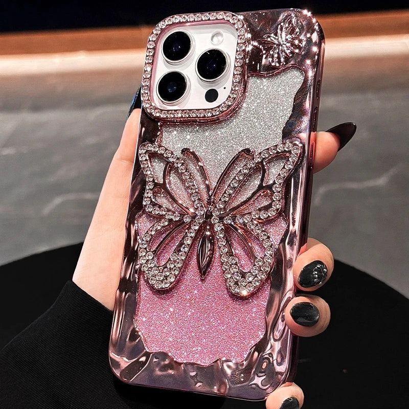 Luxury Soft Butterfly Diamond Phone Case For iPhone 11 12 13 14 15 16 17 Pro Max Plus Air Glitter Bumper Back Cases Cover