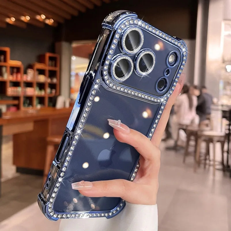 Luxury Bling Diamond Bumper Camera Protection Case For iPhone 17 16 15 14 13 Pro Max Airbag Anti-knock Transparent Soft Cover