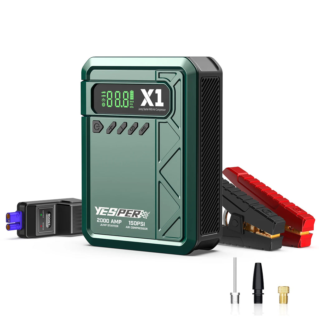 YESPER 2000A Jump Starter & 150PSI Air Compressor 2-in-1, 12V Portable Emergency Booster for 8L Gas 6L Diesel Car SUV Truck