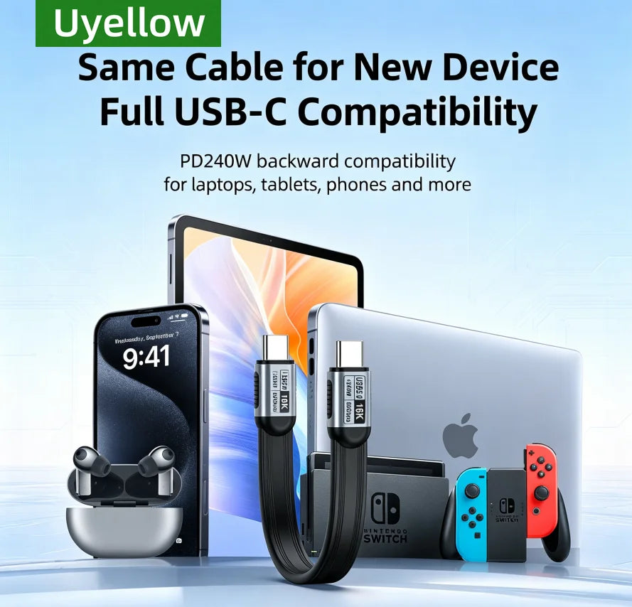 Uyellow USB 5 Cable 80Gbps 240W 16K Type C To C Fast Charging Thunderbolt 3 4 5 USB 5.0 to C Data Transfer Cable Laptop