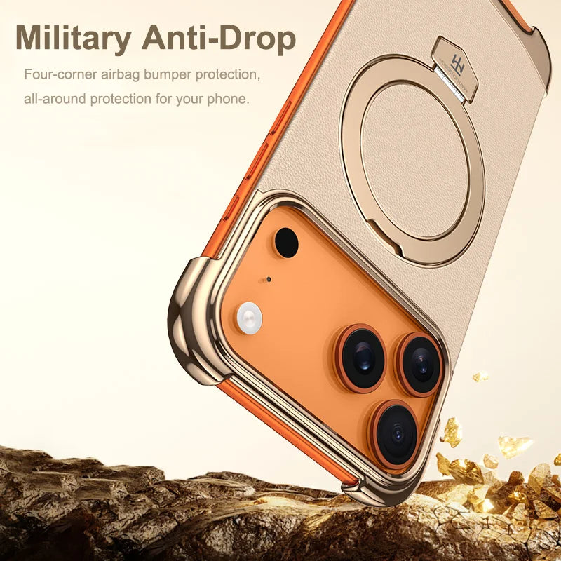 Luxury Leather Ultra Thin Frameless Magnetic Case For iPhone 17 16 15 14 13 18 Pro Max Air 18Pro Metal Bracket Anti-Drop Bumper