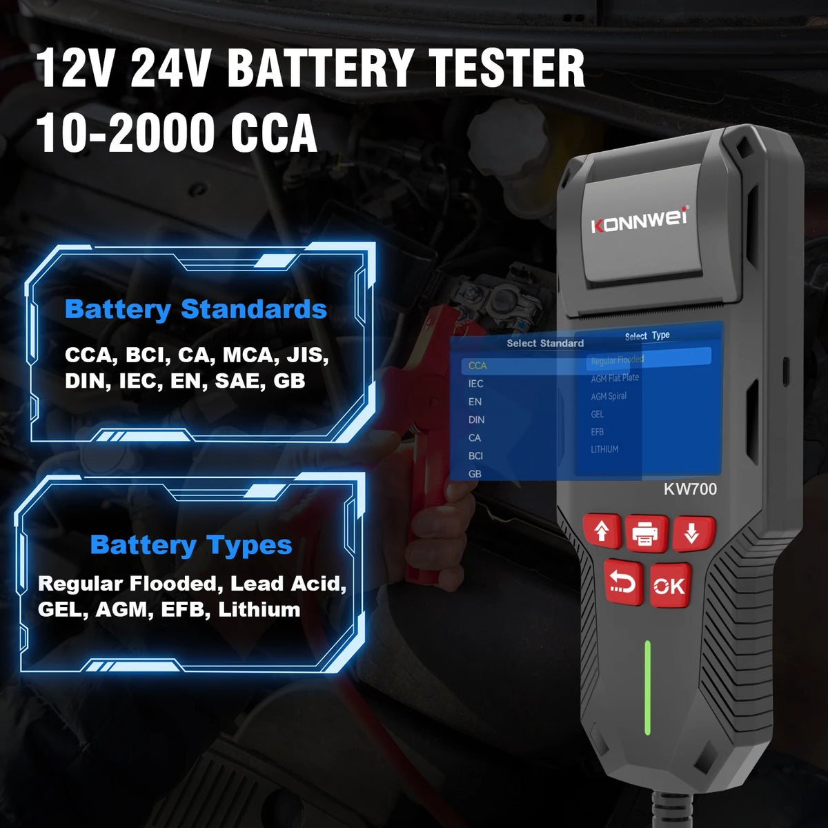 2026 KONNWEI KW700 12V 24V Car Battery Tester 10-2000CCA Battery Test SOH SOC Ripple Analysis Built-in Printer Car Battery Tool