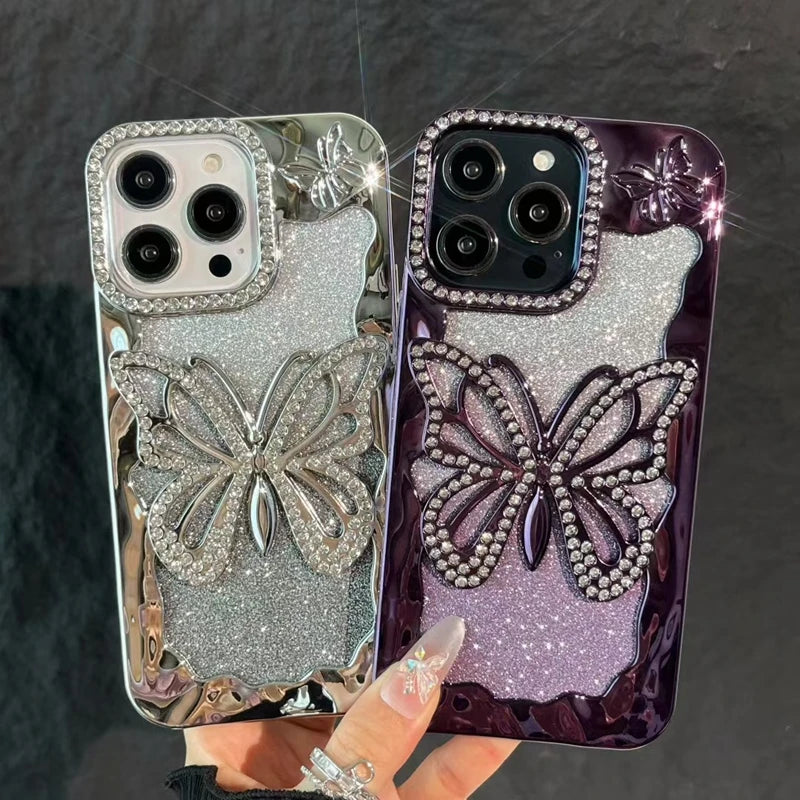 Luxury Soft Butterfly Diamond Phone Case For iPhone 11 12 13 14 15 16 17 Pro Max Plus Air Glitter Bumper Back Cases Cover