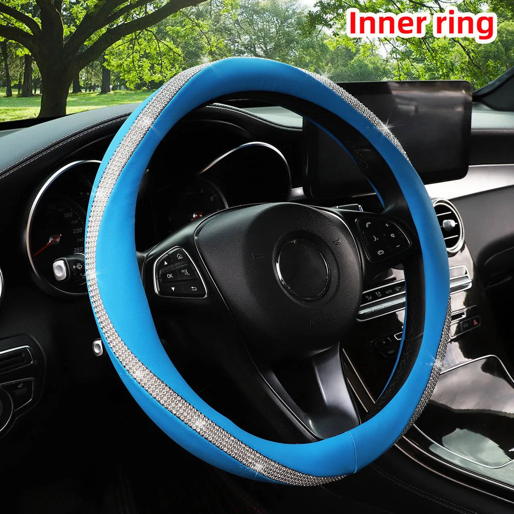 Women's PU Leather Car Interior Wheel Cover with Flashing Mesh Rhinestones for 14.5-15 Inch Car Accessories CM World