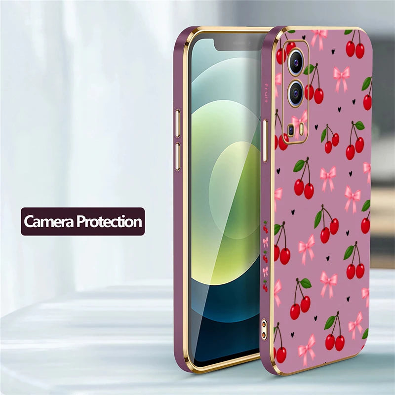 Cartoon Cherry Fruits Phone Case For Vivo Y17 Y16 Y15 Y12 Y11 Y11S Y5S Y3 S03 T Y02 S Y01 Drop Resistant Plating Soft Cases Capa